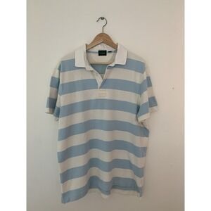 J Crew Men Short  Sleeve Rugby Shirt Sz L Blue White Stripe Oarsman Logo Prep